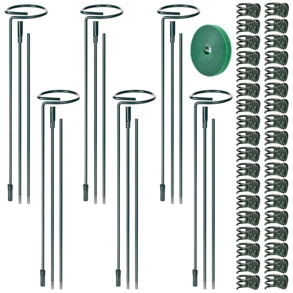 6 Sets Plant Support Stakes, 12/ 25/ 36 in Adjustable Plant Support Rods, Includes 36 Clips and 6.5 Ft Nylon Fastener Tape, Rust-Resistant Metal Stake for Indoor Outdoor Plants