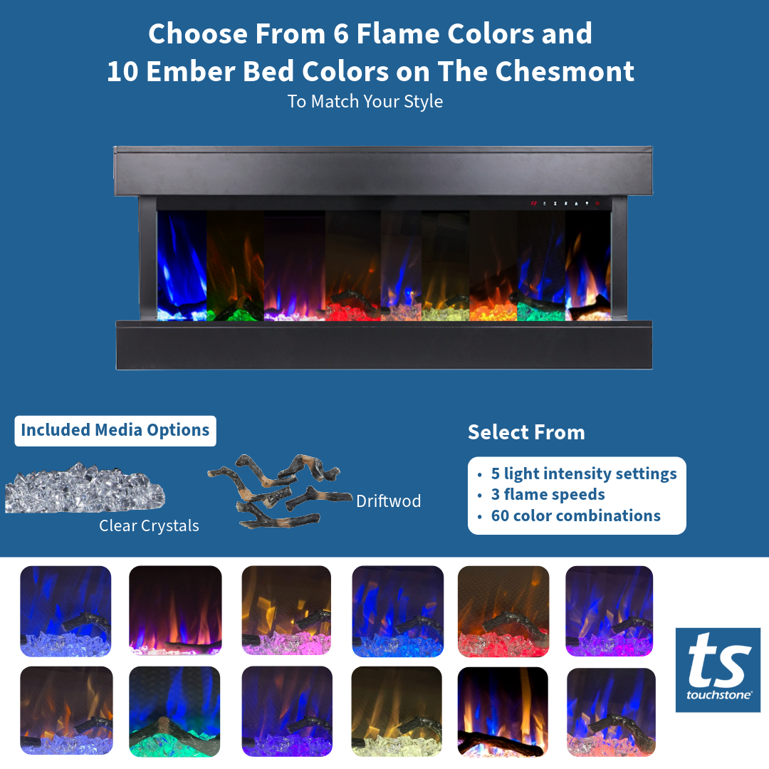 The Chesmont by Touchstone - Wall Mount 3-Sided Smart Electric Fireplace  - 50" Wide w/Black Mantel