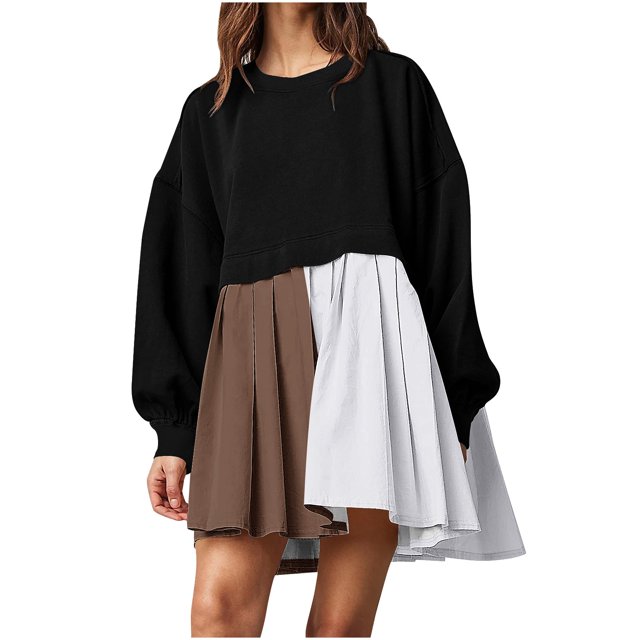 cfhntfmh Womens Fall Dresses Long Sleeve Crewneck Patchwork Dresses Loose Pleated Color Block Beach Mini Dress