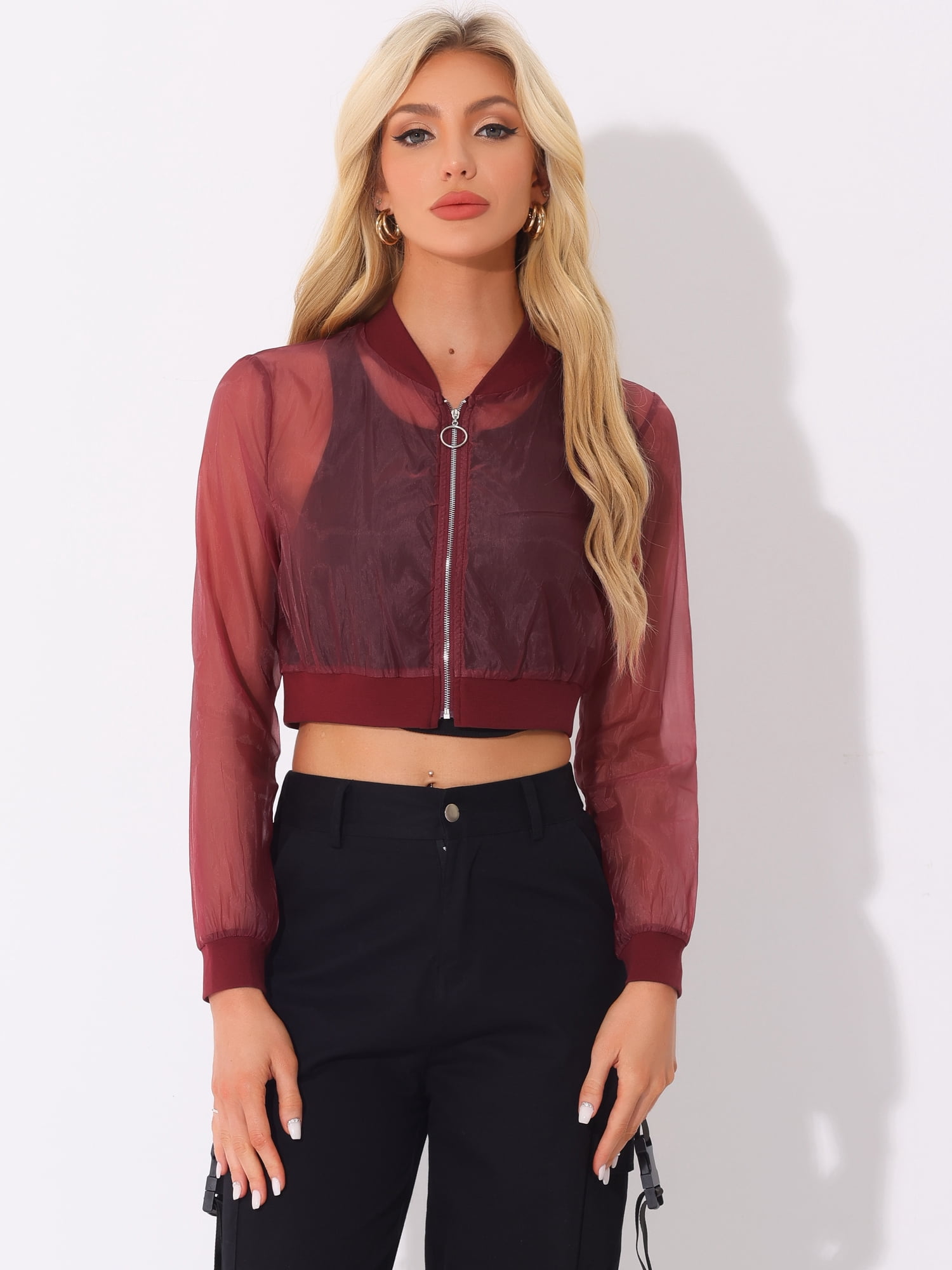 DARING DIVA Crop Bomber Casual Lightweight Zip Up Jackets M Burgundy