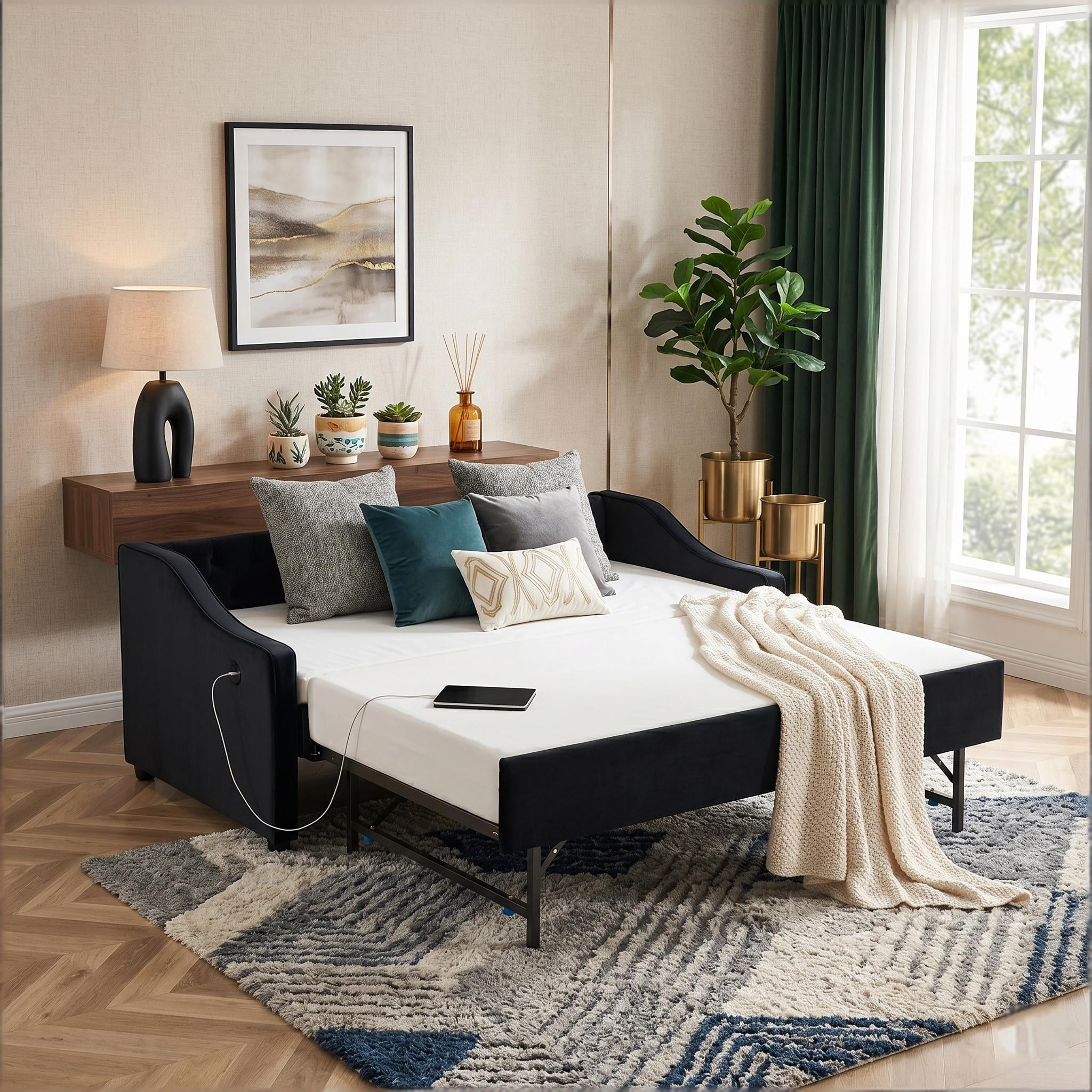Howcool Twin Size 3-in-1 Velvet Daybed with Trundle, USB Port & Side Pockets, Maximum Load Weight 250lb, Button-Tufted for Bedroom Guest Room