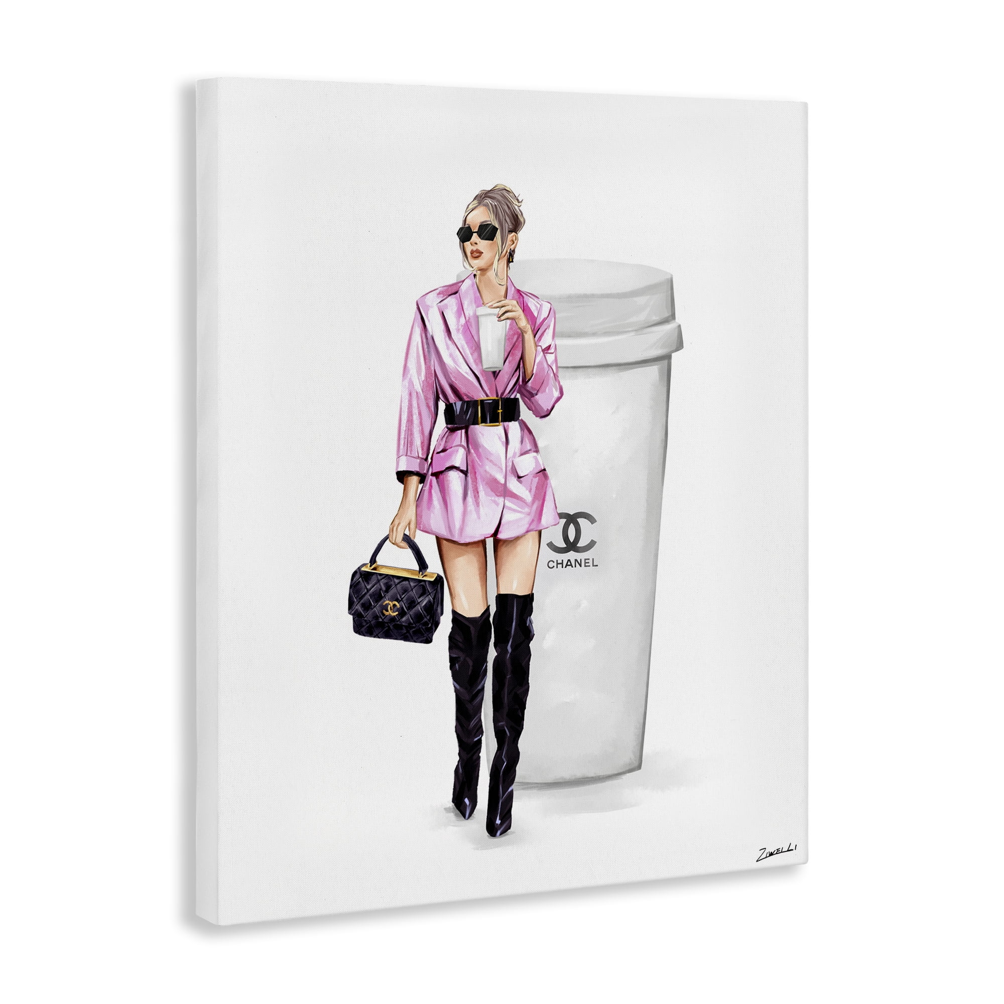 Stupell Industries Trendy Girl with Coffee Novelty Painting Gallery Wrapped Canvas Art Print Wall Art, 24 x 30