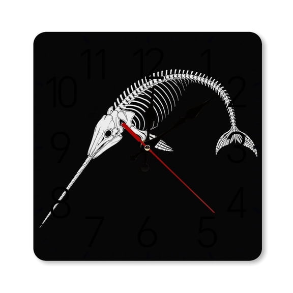 RKSupls 10×10inch Square Silent Wall Clock Wooden Frame, Swordfish Skeleton Dark Scale Decorative Clock for Home Bedroom Living Room Office