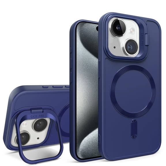 SaniMore for iPhone 13 Case, Rugged Frosted PC Magafe Shell, Camera Lens Protection with Foldable Bracket, Wireless Charging Magnetic Car Mount Shockproof Anti-fall, Blue