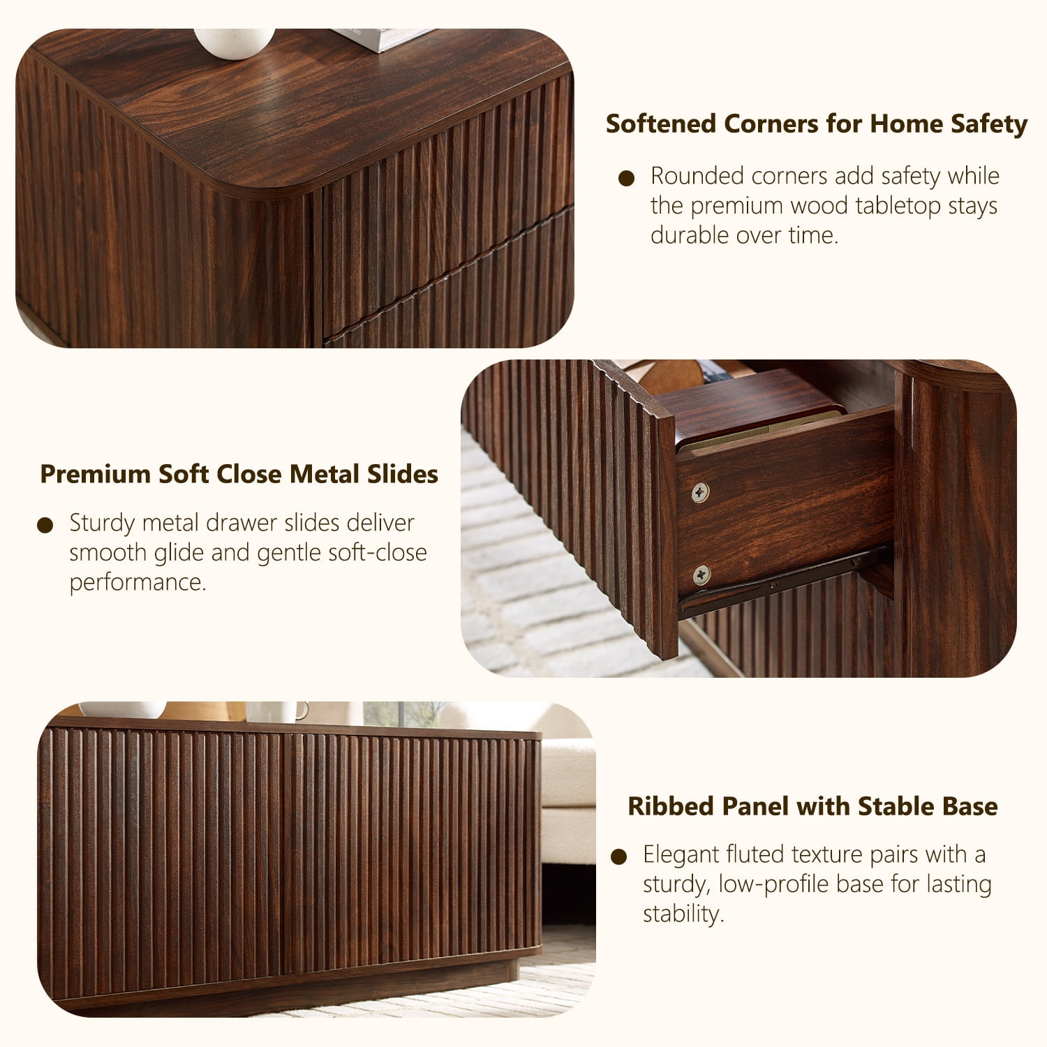 IFMUST 51" Modern Fluted Coffee Table with Storage, 4 Drawers, Rounded Edges,Hidden Storage