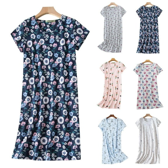 Helii Womens Floral & Cartoon Print Nightgown for Summer Cotton Short Sleeve Lightweight Sleepwear Soft Comfy Loungewear Dark Blue S