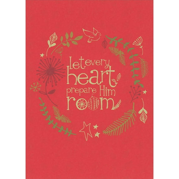 RSVP Let Every Heart Prepare Him Room: Branches Wreath on Dark Red Religious Christmas Card