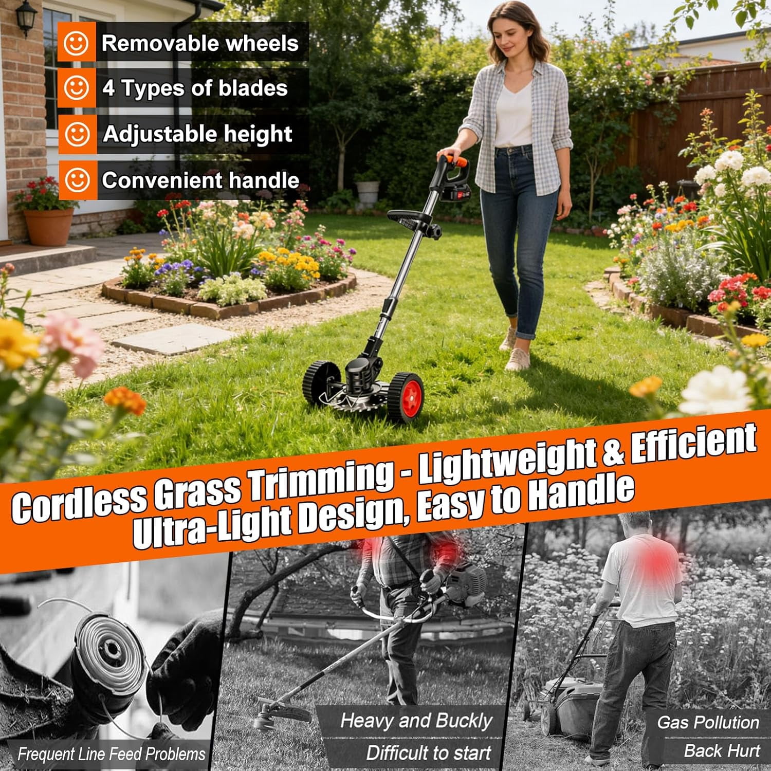 Cordless Weed Wacker Electric Weed Wacker 21V Battery Powered Brush Cutter 3-in-1 Lightweight Grass Trimmer Weed Cutter Lawn Edger with 3 Types Blade & Wheels
