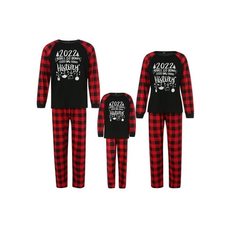 

Sunisery Christmas Family Pajamas Set Adult Kids Letter Long Sleeve Round Collar Tops Plaid Pants Homewear Black Red Mom-S