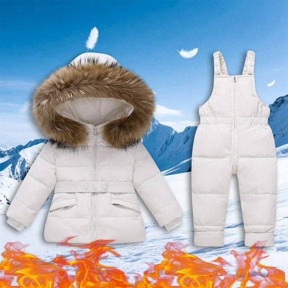 Xdegoge Girls Boys Snowsuit 2 Piece Insulated Waterproof Long Sleeve Thicken Zip Up Furry Hooded Jackets Warm Ski Pants Bibs Overalls Outdoor Winter Kids Snow Suit 5 Years