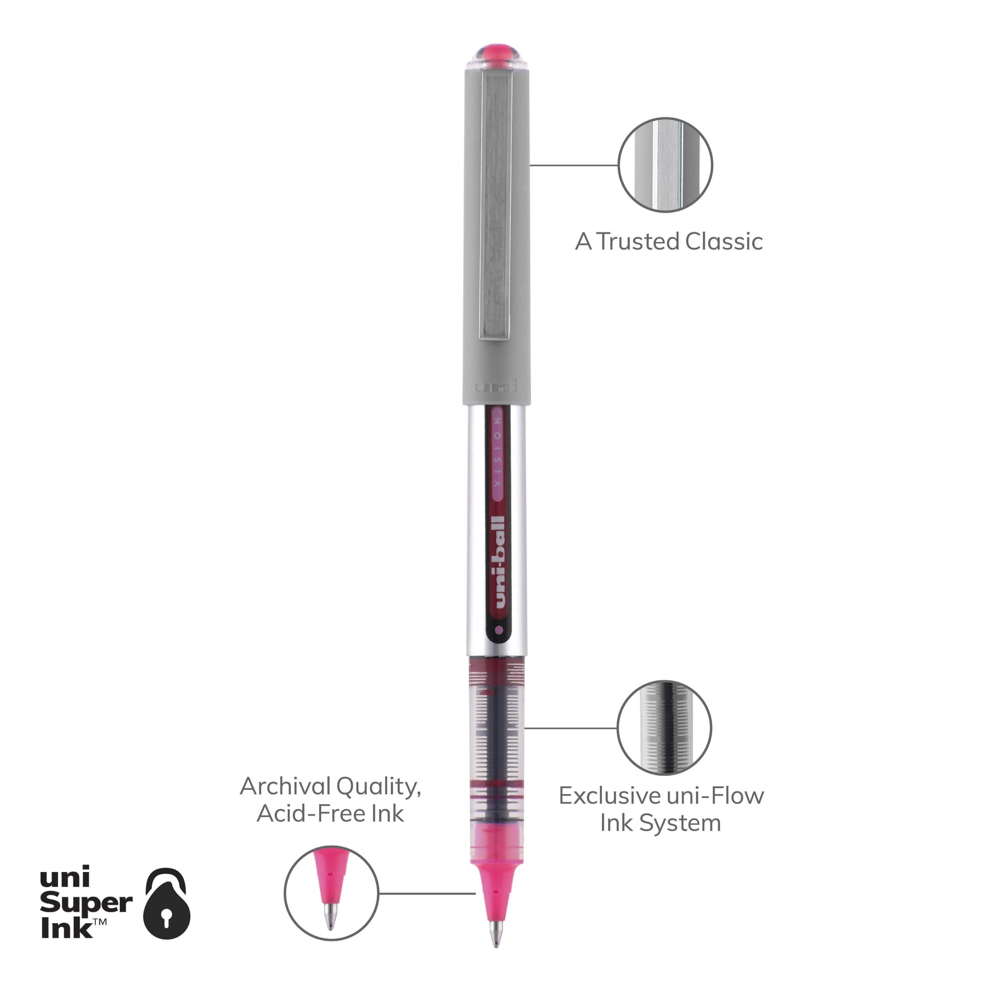 uniball Vision Rollerball Pens, Fine Point (0.7mm), Pink Ink, 12 Count