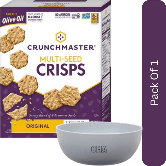 Crunchmaster Original Multi-Seed Crisps Crunchy Crackers – 4.5 oz Bag- With White Bowl By OMA