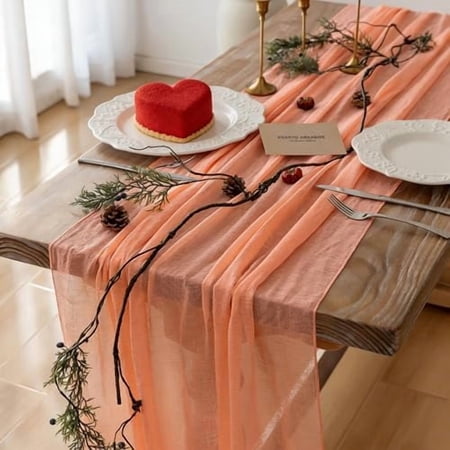 6pcs Fresh Salmon Cheesecloth Table Runner Valentines Decor Peach Echo Gauze 120 Inch 10 FT Boho Table Runner for Wedding Baby Shower Bridal Shower Party Sheer Spring Home Decorations
