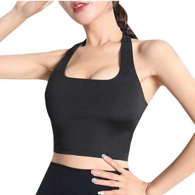 Xfvqtps Womens Halter Sports Bras Full Coverage Scoop Neck Backless Padded Fit Comfortable Crop Tube Tops Black