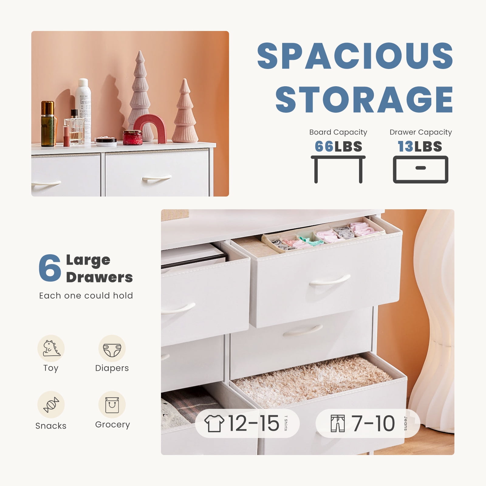 CONCETTA 6-Drawer Fabric Dresser Storage Chest for Bedroom, Closet, Storage Furniture for Adults, White