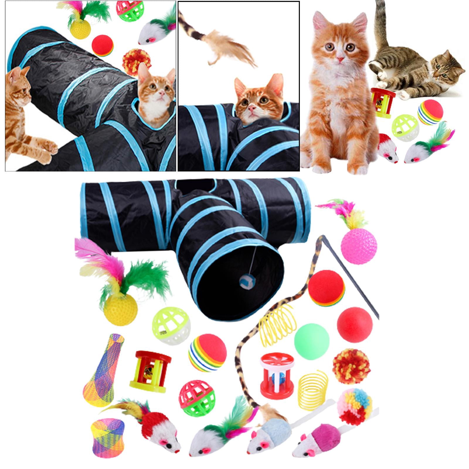 22 piece Interactive Cat Toy Sets,Collapsible Cat Tunnels for Indoor Cats, Feather Teaser Crinkle Balls Spring Toy Catnip Fish for Cats , B99502