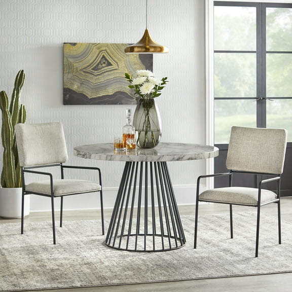 TMS Indra 3-Piece Indoor Dining Set, Includes Round Table and Chairs, Black/Cream Faux Marble
