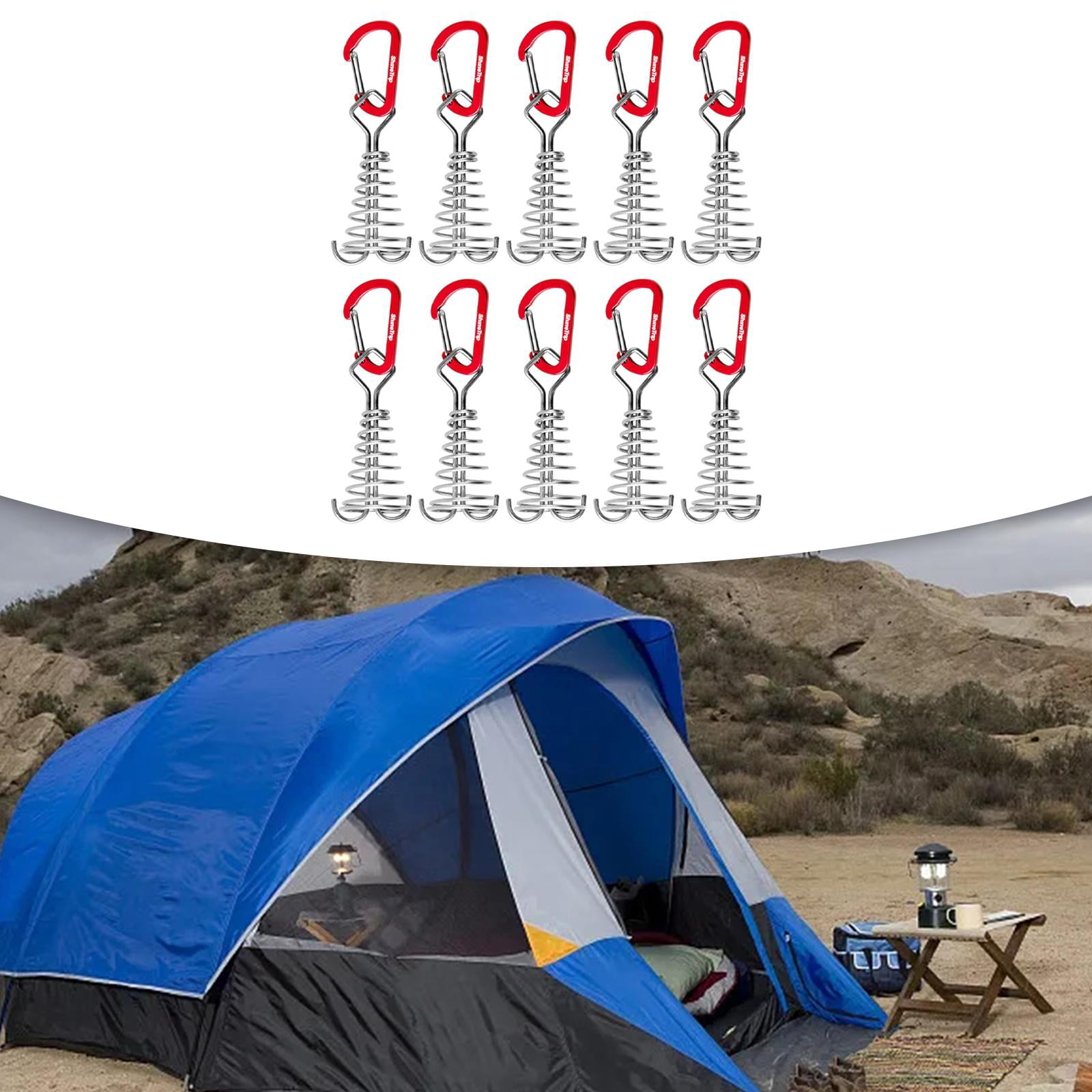 figatia 10 Pieces Deck Anchor Pegs with Carabiner Clips Camping Tent Nail Board Pegs Windproof Tent Rope Tightener for Outdoor Hiking Red