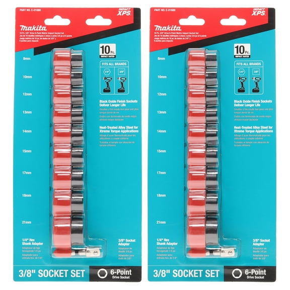 Makita E-01688 10pc. 3/8-inch Drive Metric XPS Impact Socket Set with Standard Socket Adapter (2-Pack)