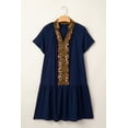 thumbnail image 2 of Women's Navy Blue Leopard Print Tunic Dress – Casual Short Sleeve with Metallic Trim for Summer, XL, 2 of 10