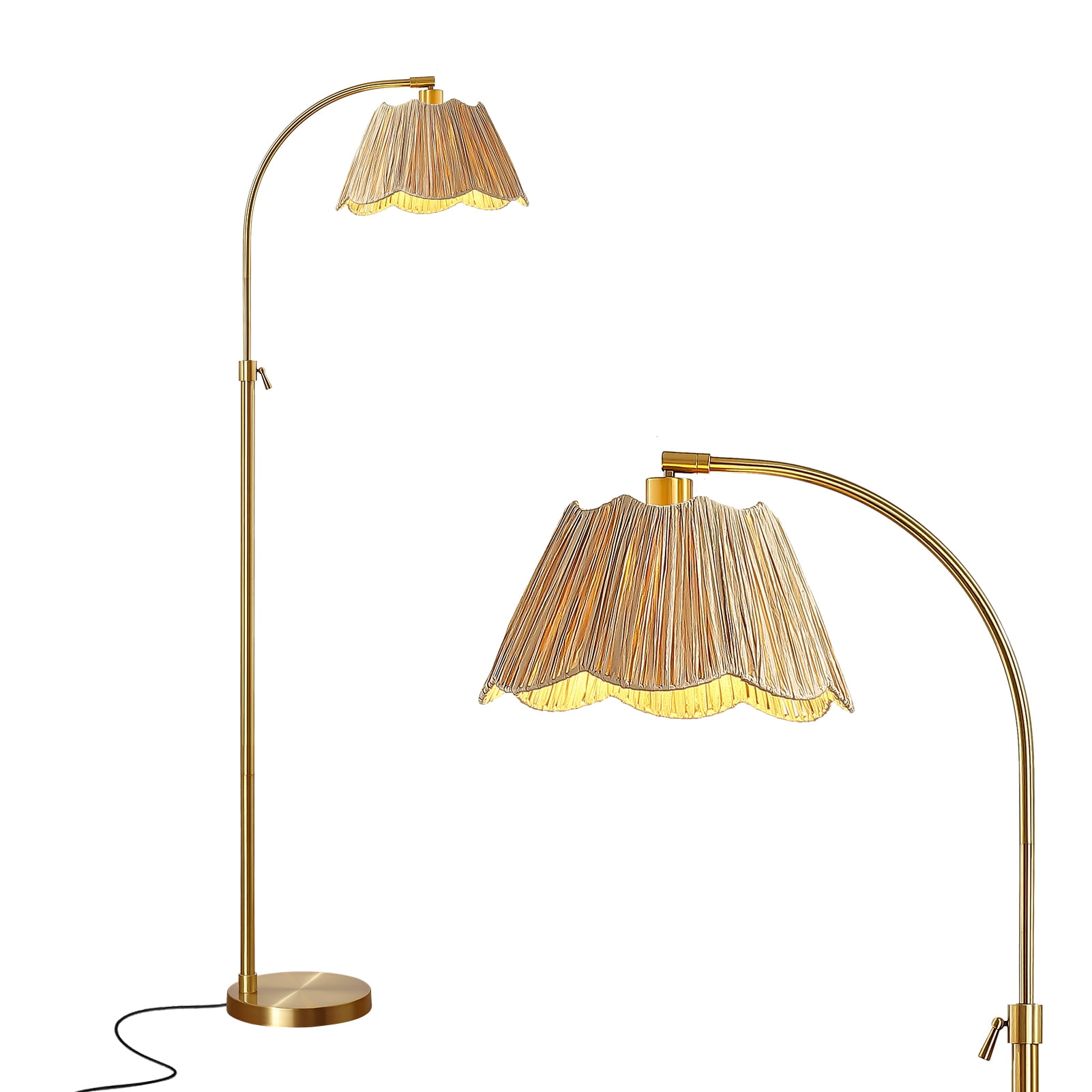 RORIA 64” Curved Floor Lamp, Height Adjustable gold Standing Lamp,with a woven paper shade, perfect for bedrooms, living rooms, and offices (bulb included)