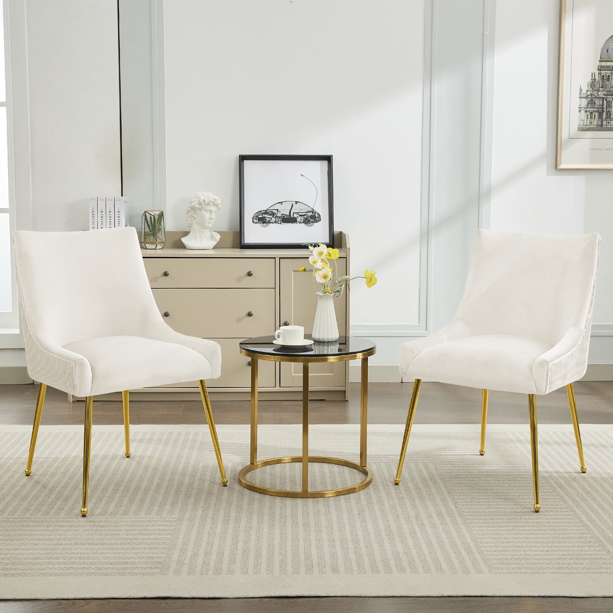 Velvet Dining Chairs Set of 4 with Gold Legs, Upholstered Accent Chairs, Pleated Back & Gold Pull Handle, Mid-Century Modern for Dining Room, Kitchen, Living Room, Beige