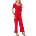 thumbnail image 4 of INSPIRAR CHIC Mono de Trabajo para Mujeres Elegante Cuello Cuadrado Manga Corta Abullonada Suelta Pierna Ancha Romper S Rojo, 4 of 5