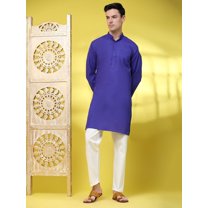 SKAVIJ Men's Handloom Cotton Henley Shirts Long Sleeve Mandarin Collar Longline Yoga Shirts with Pant Summer Outfit (Small,Blue)