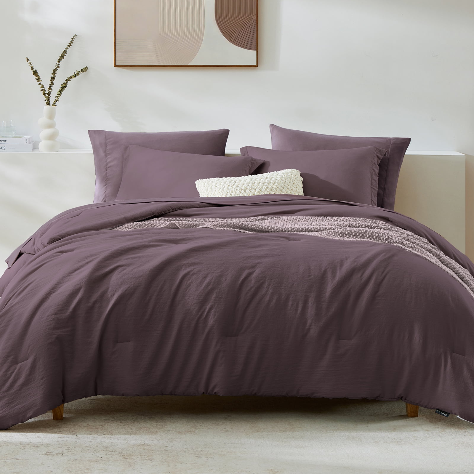 Amberspace Prewashed fabric 7-piece Bed in a Bag Comforter Set with Sheets,Dark purple,Full