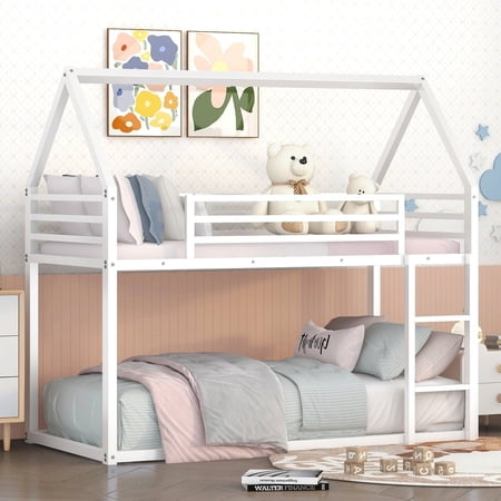 Bellemave Metal House Bunk Bed, Twin Over Twin Low Bunk Bed with Ladder, Twin Floor Bunk Bed Frame for Teen (White)