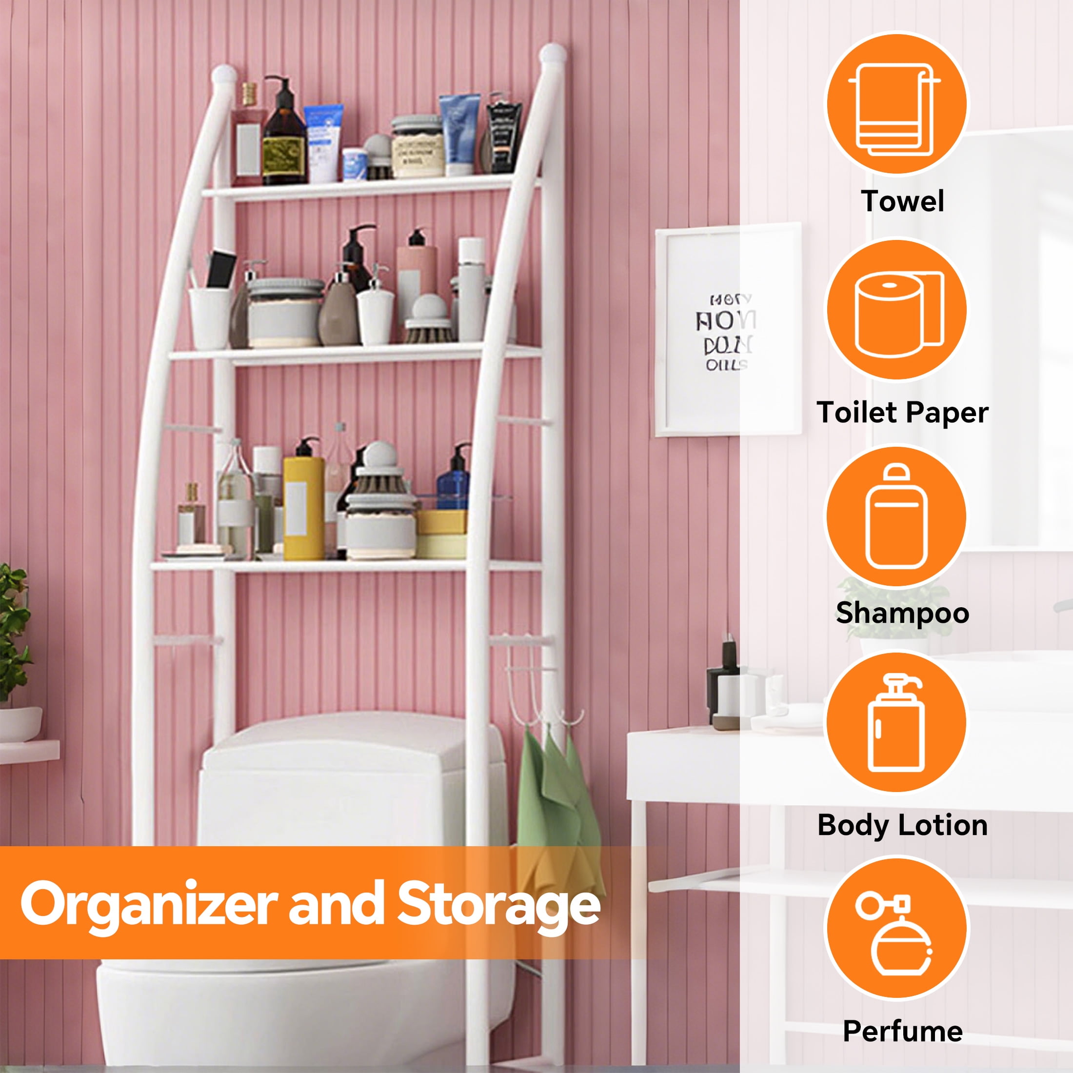 HIOHA 3-Tier Over Toilet Storage Rack with Toilet Paper Roll Holder & 4 Hooks, Steel Bathroom Space Saver Organizer, White