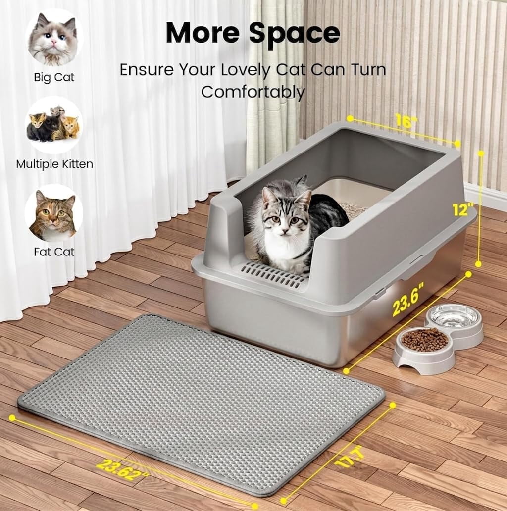Stainless Steel Cat Litter Box - Enclosed XL Metal Kitty Litter Box with Lid for Big Cats, High Sided, Anti-Leakage, Easy Cleaning, Non-Sticky, Included Litter Mat, Cat Bowl & Spoon