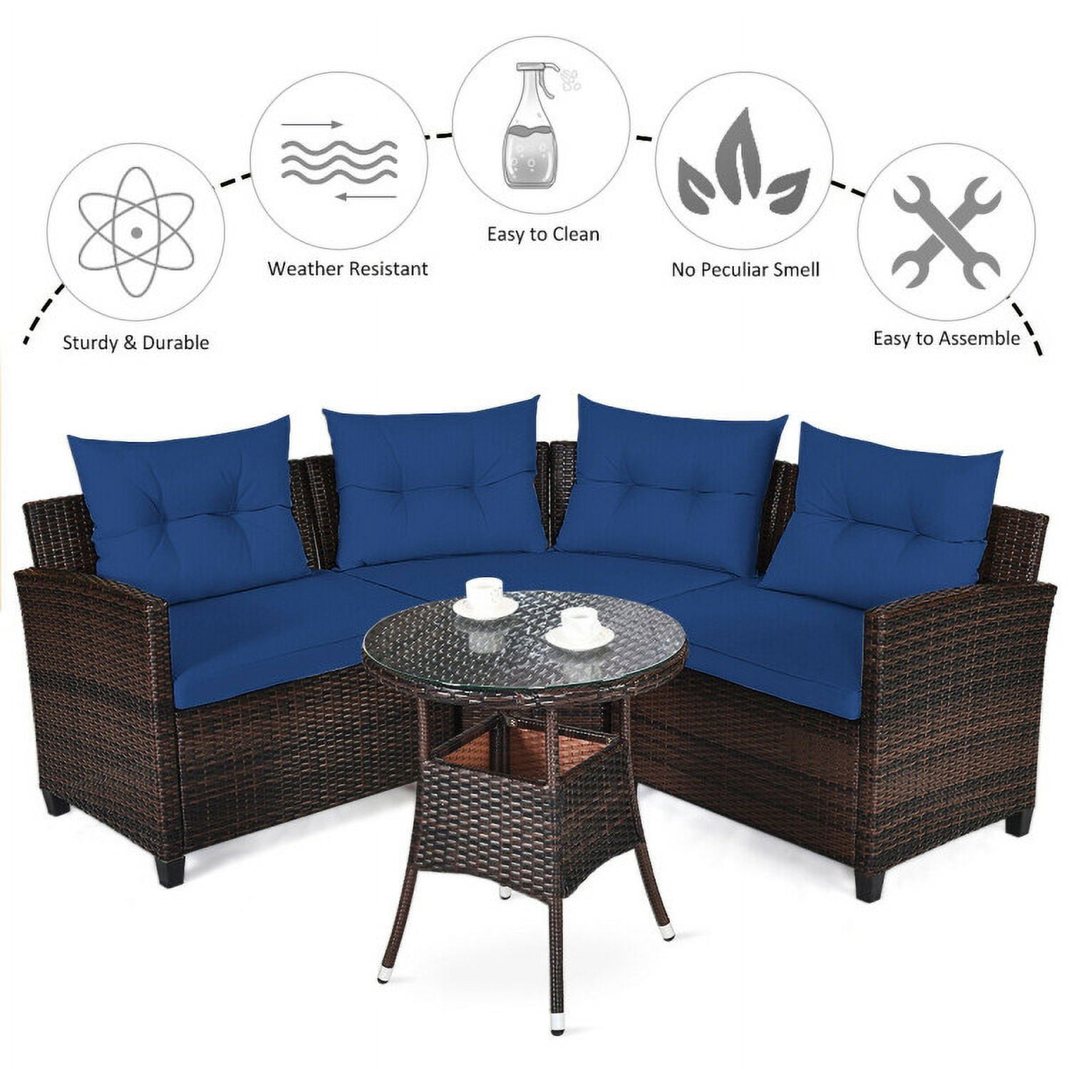 Aimee Lii 4 Pieces Outdoor Cushioned Rattan Furniture Set, Outdoor Deck Furniture, Navy Aimee Lii 4 Pieces Outdoor Cushioned Rattan Furniture Set, Outdoor Deck Furniture, Navy