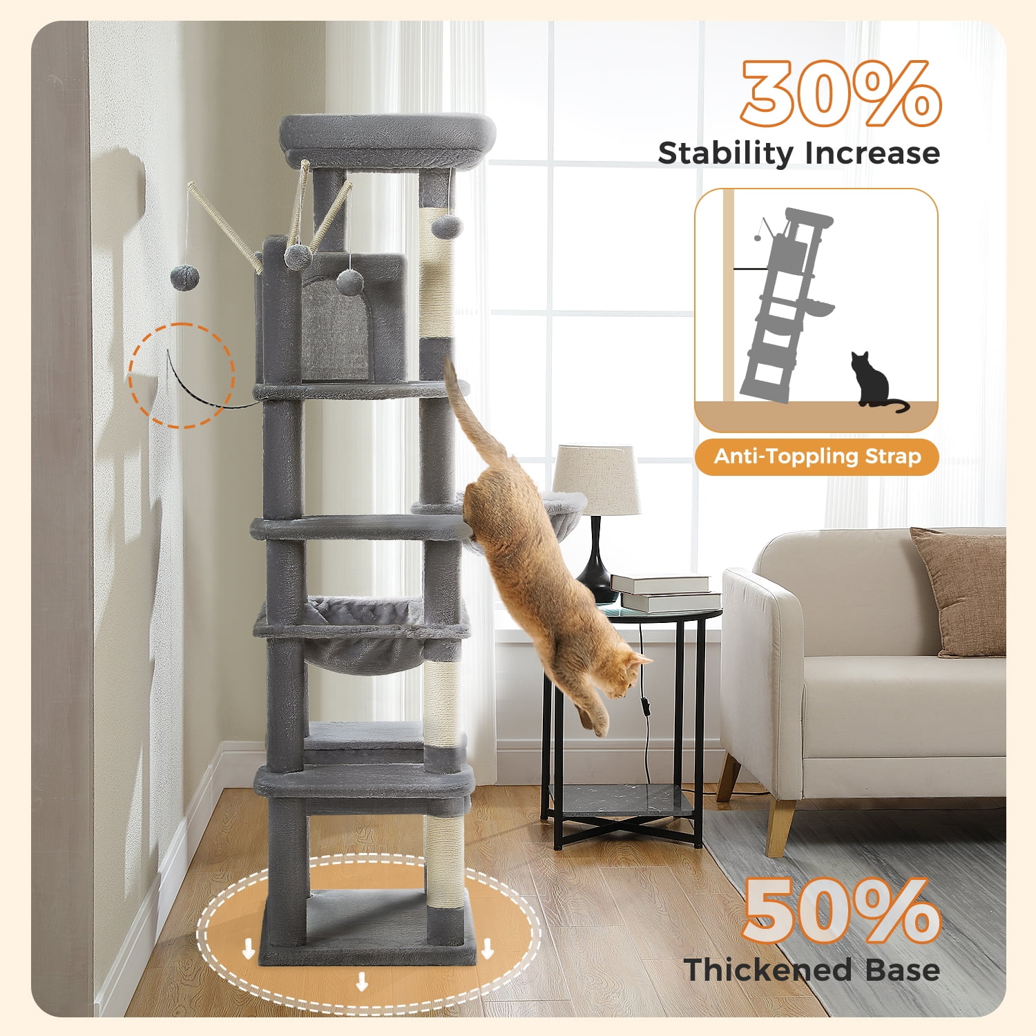 Pefilos 69" Cat Tree Tower for Indoor Large Cats, Fat Cats with Big Hammock, Cat Climbing Tree with Scratching Posts, Condo House and Top Perch, Dark Gray
