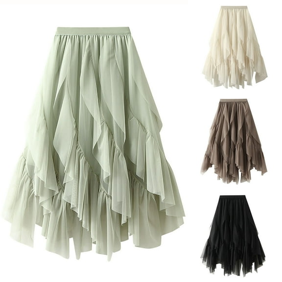 Elainilye Fashion Womens Skirts Solid Color Irregular Mesh Skirt Ruffled High Waist Prom Skirt Performance Skirt,Brown