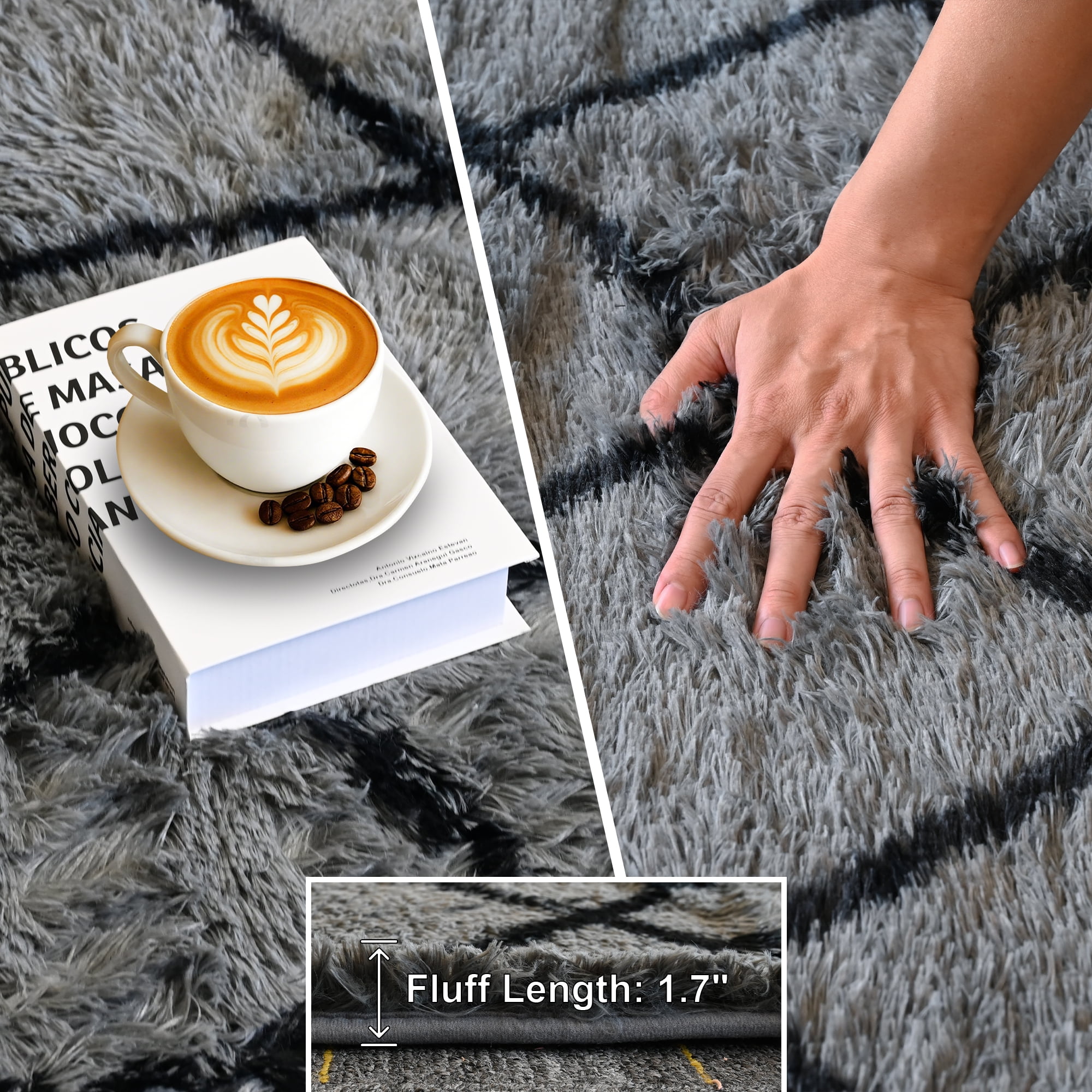 Pentantan Shag Area Rug, 5’ x 8’ Grid Soft Fluffy Indoor Rugs for Living Room Bedroom Carpet, Gray & Black