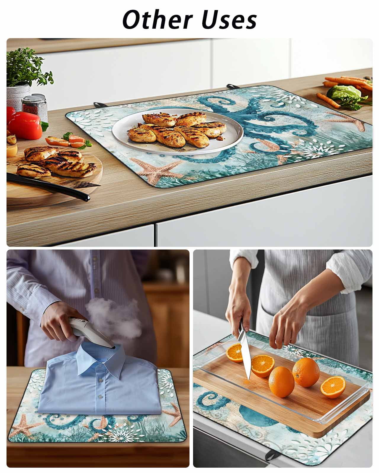 Stove Top Covers for Electric Stove, Coastal Octopus Glass Stovetop Cover Protector, Teal Nautical Beach Starfish Vintage Induction Cooktop Protector Oven Mat for Kitchen Countertop 24"x21"