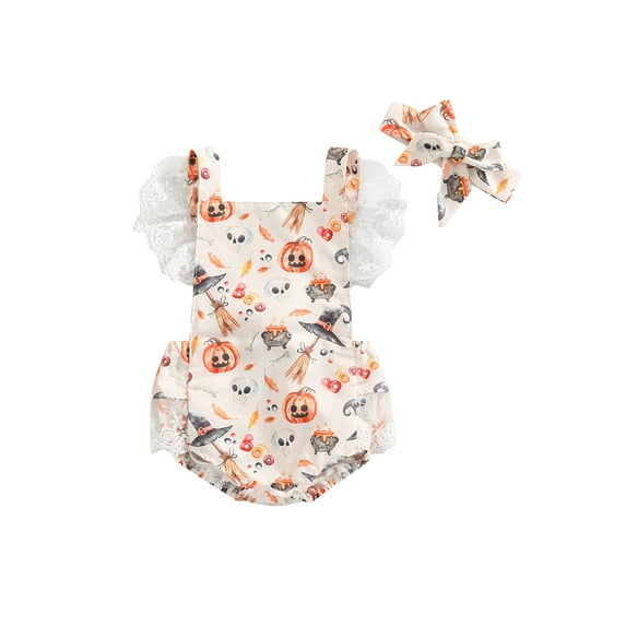 hirigin Summer Baby Girl Jumpsuit Set Casual Pumpkin Skull Print Lace Ruffle Trim Sleeveless Rompers and Headband