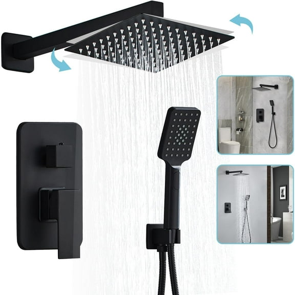 8 Inch Shower System with Tub Spout, Black Shower Faucet Set for Bathroom, Square High Shower , 2-Setting Handheld Faucets Sets, Wall Mounted Rainfall Shower Valve Kit