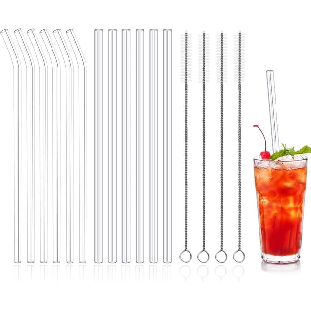 Paquete de 12 Vidrio Popotes Reutilizables Transparentes para Batidos con Cepillos de Limpieza