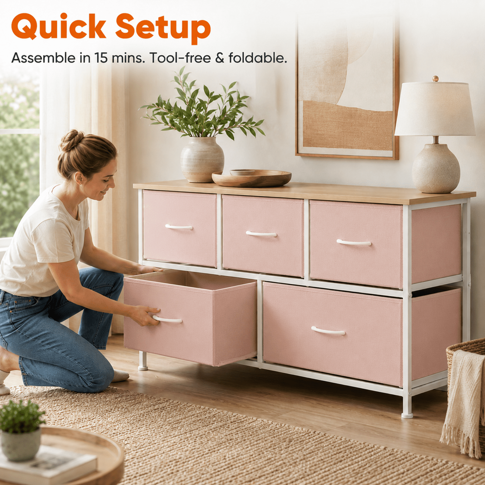 Alvantor Dresser for Bedroom with 4/5 Storage Drawers, Dressers Chest of Drawers Fabric Dresser with Sturdy Steel Frame, Wooden Top Cabinet Night Stand Dresser for Closet
