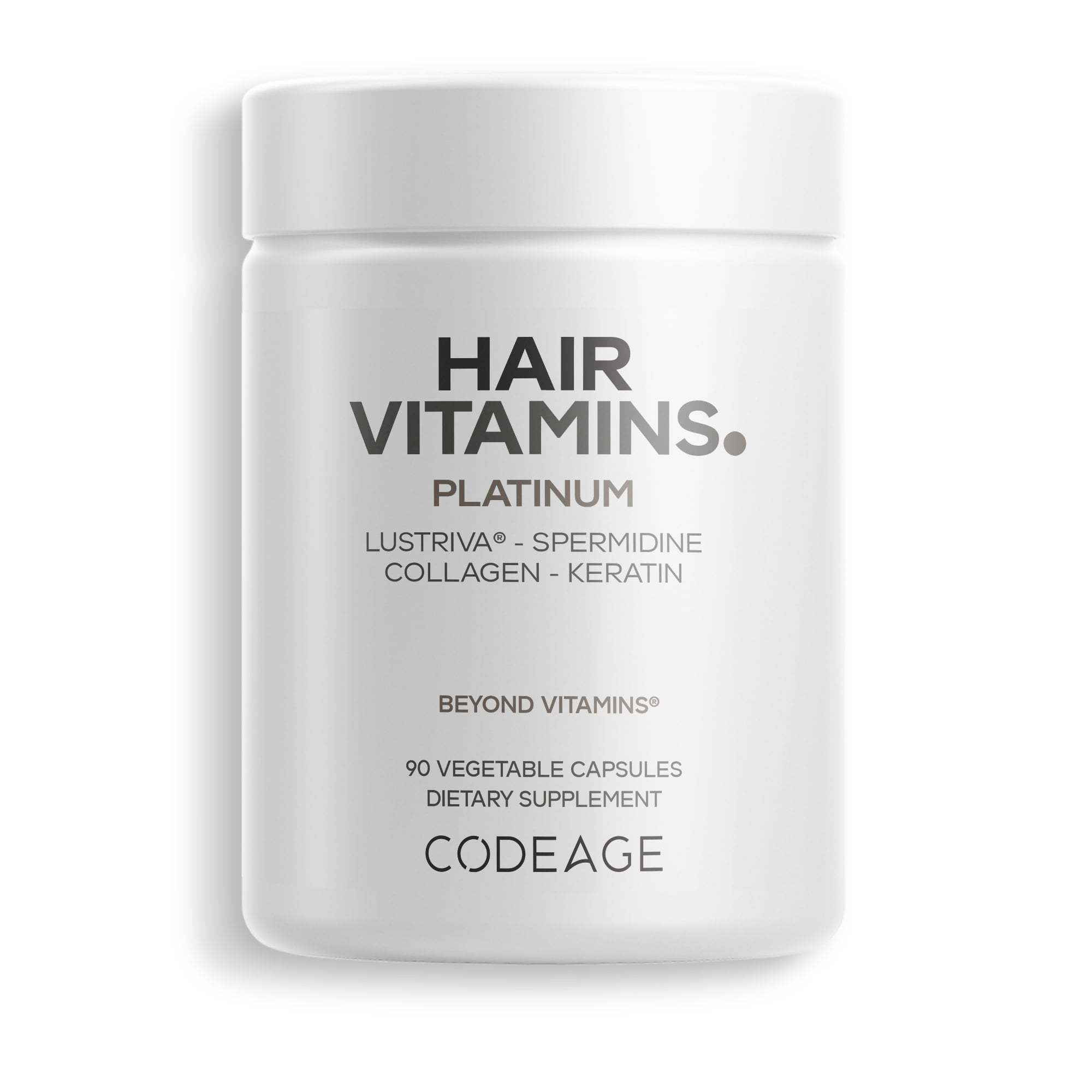 Codeage Hair Vitamins Platinum - Lustriva Hair Growth Support, Spermidine, AstraGin, Biotin, Keratin, Collagen, Enzymes, Omega-3, Multivitamins, Probiotics – Healthy Hair Supplement - 90 Capsules