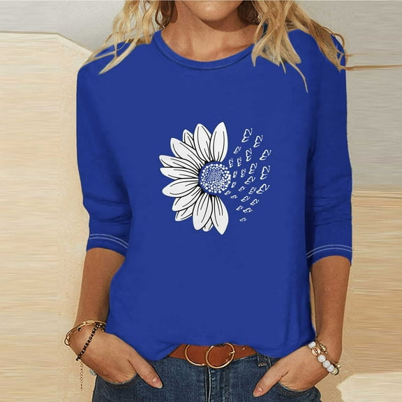 OKBOP 3/4 Sleeve Womens Tops Plus Size Blue Crew Neck Floral T-Shirts Womens Shirts Under $5