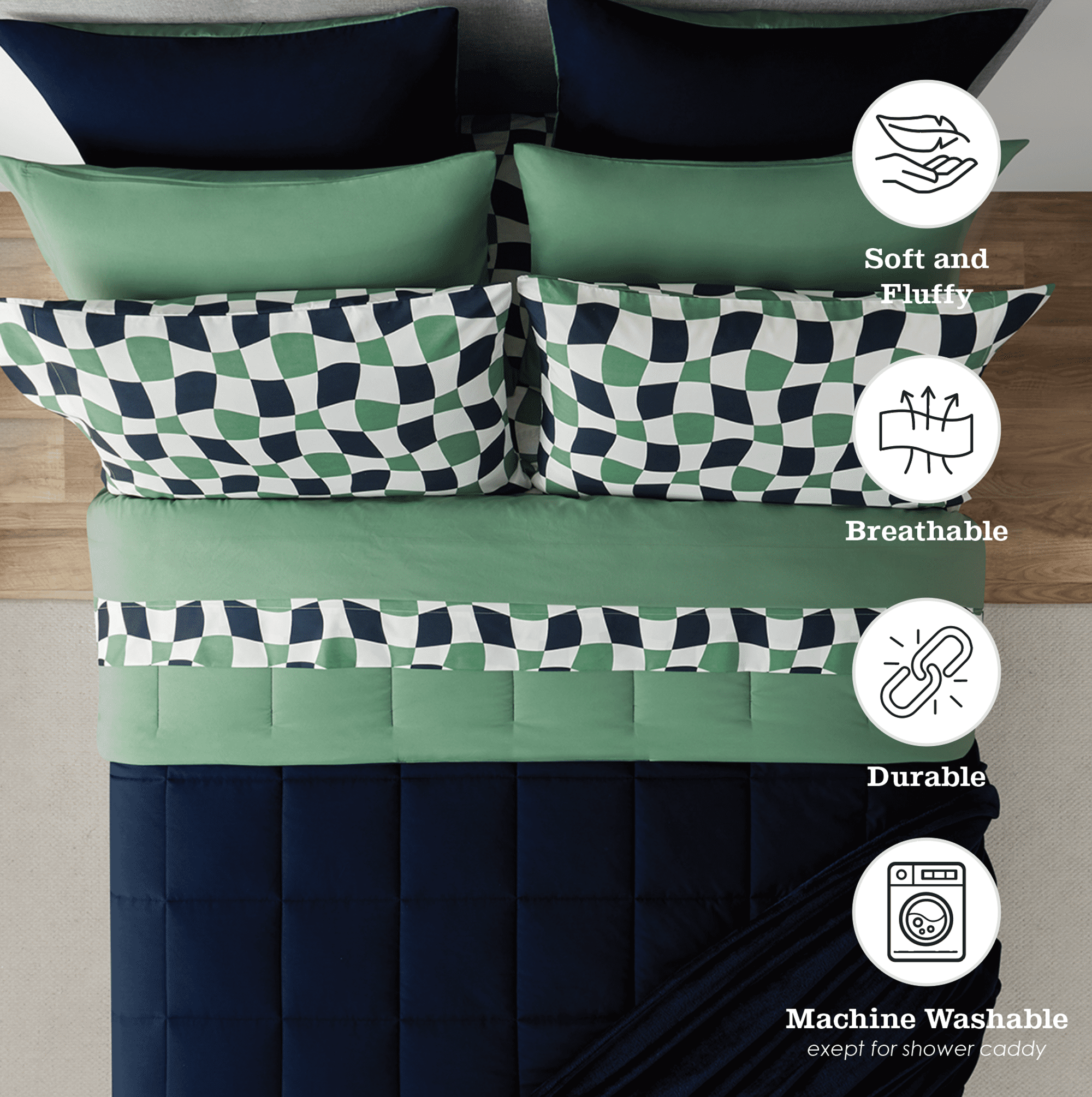 17pc College Dorm Essentials Bundle, Full, Reversible Bed in a Bag Comforter Set, Navy
