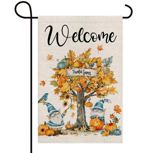 shiyou-Welcome Harvest Pumpkin Maple Leaves Tree Decor Double Sided Vertical Burlap Garden Flag Autumn Thankful Gnomes Rustic Seasonal Farmhouse Party Outdoor Yard Banner 12" x 18"