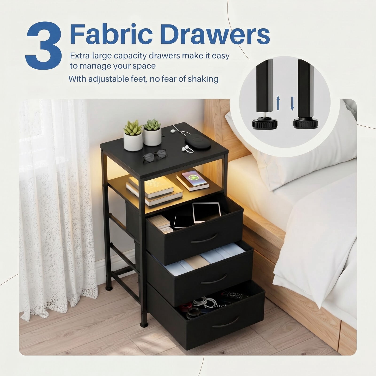 Kelno 3-Drawer Nightstand with Charging Station AC Outlets LED Light Dresser Bedside Table, Black