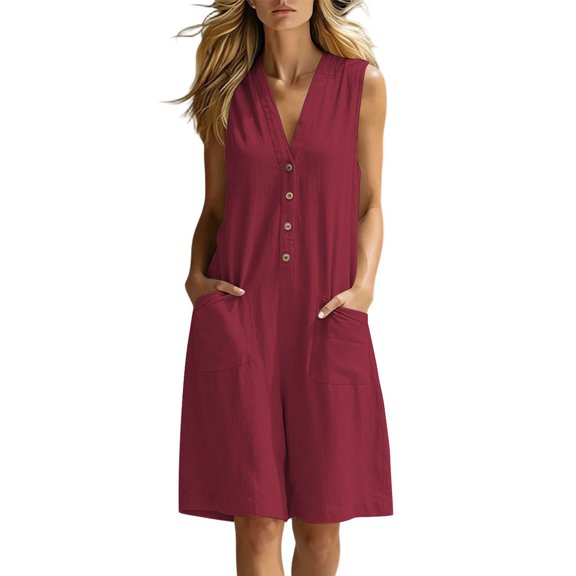 Ohufall Women's Jumpsuits Sleeveless V Neck Button Short Jumpsuits with Pocket Loose Comfort Summer Casual Jumpsuits