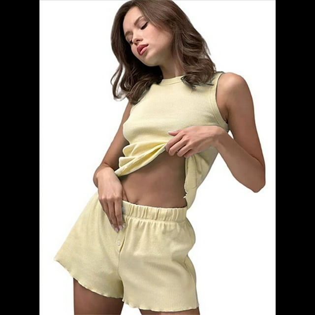 Conjuntos de Dos Piezas de Verano para Mujer: Top Corto Sin Mangas y Pantalones Cortos Casuales, Amarillo, Talla S