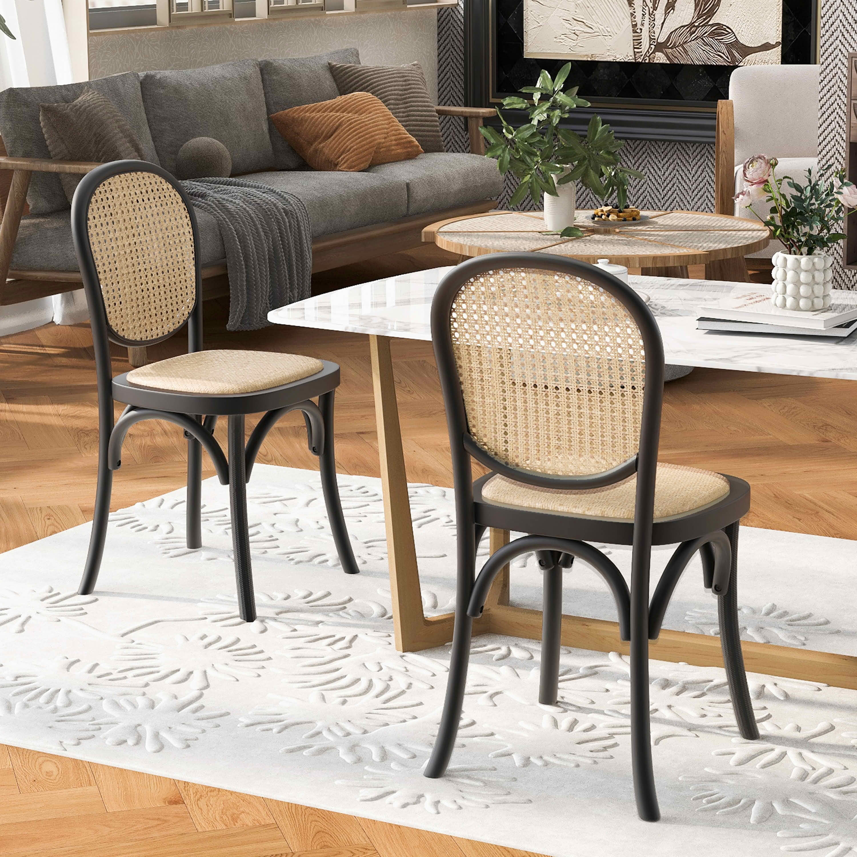 MAYEERTY Set of 2 Vintage Rattan Dining Chairs with Birch Wood Frame, No Assembly Needed