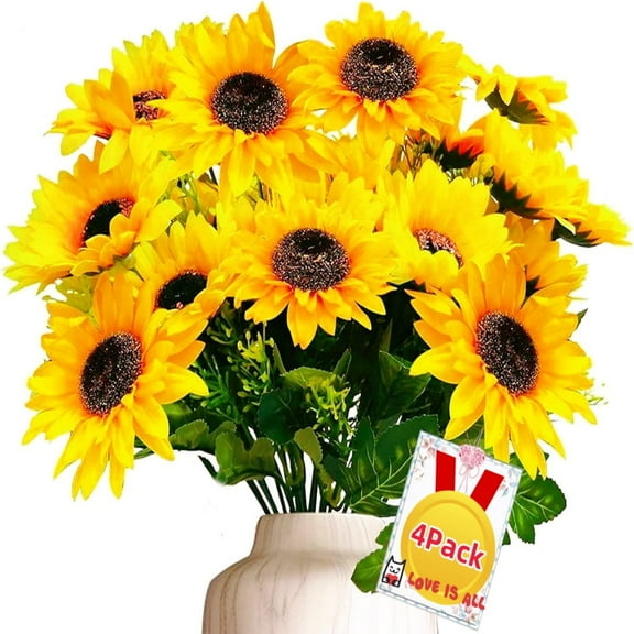 BAKIBO 4 Pack Sunflowers Artificial Flowers for Outdoors Summer Decor, 28Pcs Fake Flowers Silk Faux Sunflower Bouquet for Vase Wedding Table Home Porch Indoor Outdoor Cemetery Decor